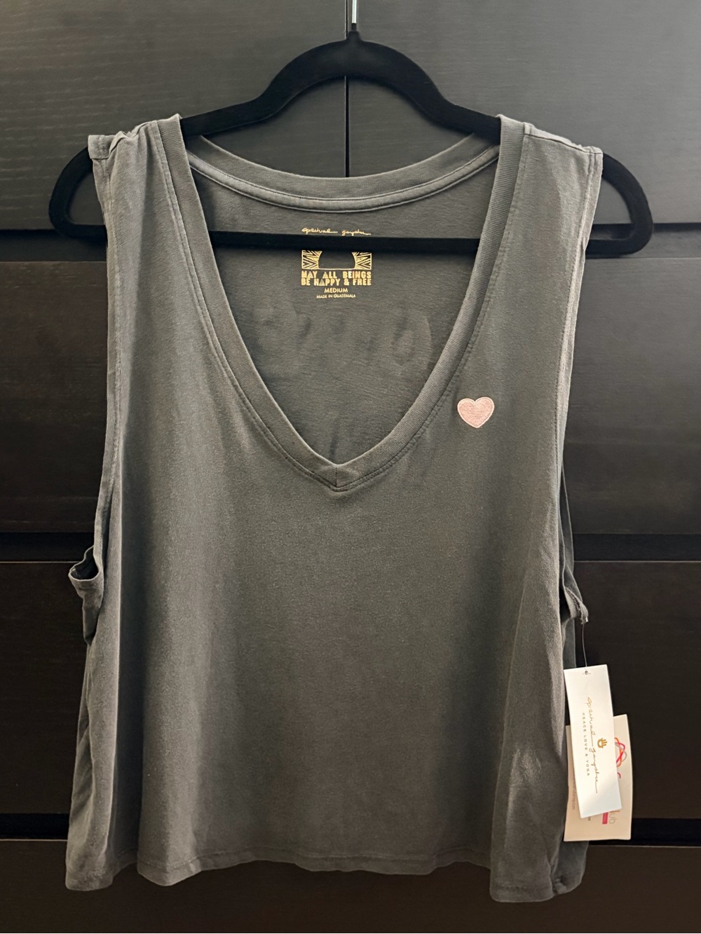 Spiritual Gangster Charcoal V-Neck Tank with Pink Heart Patch - 34